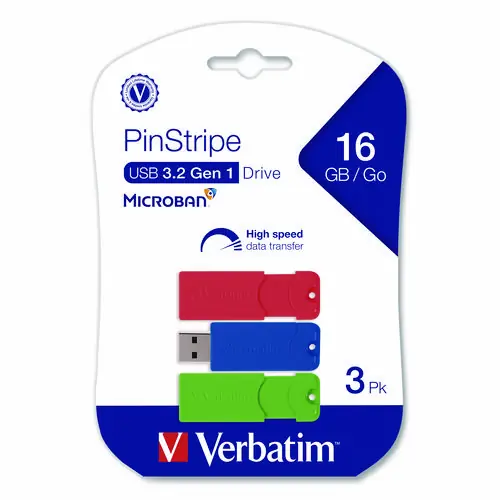 Verbatim® PinStripe USB 3.2 Flash Drive, 16 GB, Blue/Green/Red, 3/Pack
