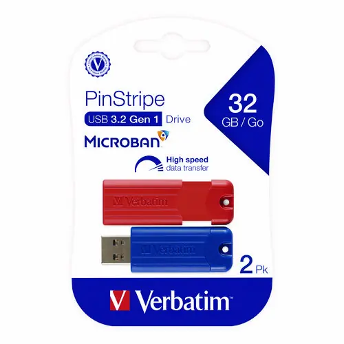 Verbatim® PinStripe USB 3.2 Flash Drive, 32 GB, Blue/Red, 2/Pack