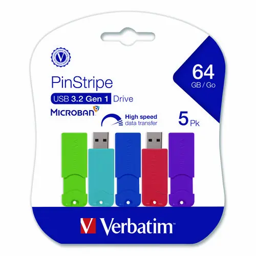 Verbatim® PinStripe USB 3.2 Flash Drive, 64 GB, Assorted Colors, 5/Pack