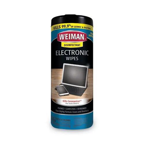 WEIMAN® E-tronic Wipes, 30/Canister, 1-Ply, 7" x 8", White