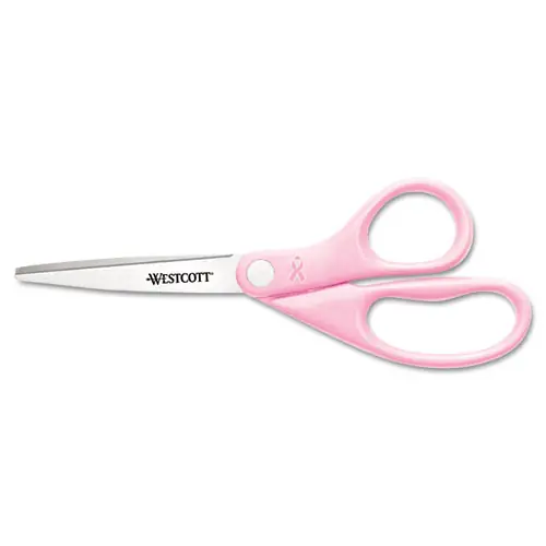 Westcott® All Purpose Pink Ribbon Scissors, Breast Cancer Awareness, 8" Long, 3.5" Cut Length, Straight Pink Handle