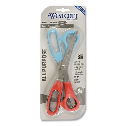 Westcott® All Purpose Value Stainless Steel Scissors, 8" Long, 3" Cut Length, Offset Assorted Color Handles, 3/Pack