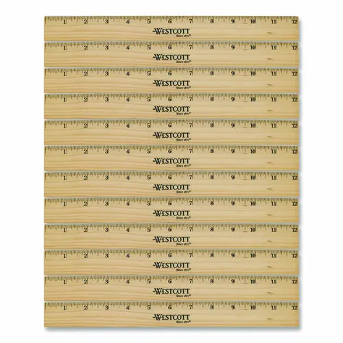 Westcott® Beveled Wood Ruler, Standard, 12" Long, Natural Hardwood, 12/Pack