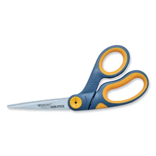 Westcott® Non-Stick Titanium Bonded Scissors, 8" Long, 3.25" Cut Length, Crane-Style Gray/Yellow Handle