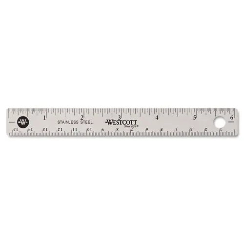 Westcott® Stainless Steel Office Ruler With Non Slip Cork Base, Standard/Metric, 6" Long