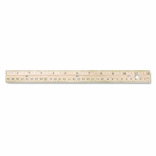 Westcott® Three-Hole Punched Wood Ruler, English and Metric, Metal Edge, 12"