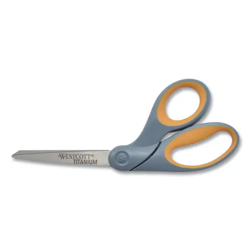 Westcott® Titanium Bonded Scissors, 8" Long, 3.5" Cut Length, Crane-Style Gray/Yellow Handle
