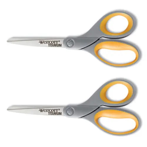 Westcott® Titanium Bonded Scissors, 8" Long, Straight Handle, Gray/Yellow, 2/Pack