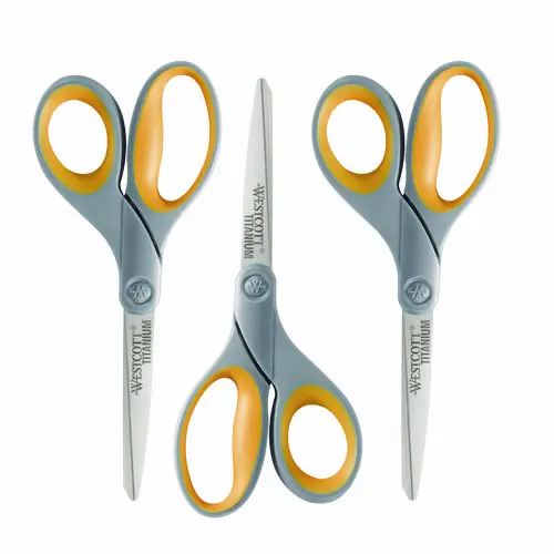 Westcott® Titanium Bonded Scissors, 8" Long, 3.5" Cut Length, Straight Gray/Yellow Handle, 3/Pack