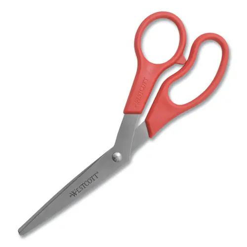 Westcott® Value Line Stainless Steel Shears, 8" Long, 3.5" Cut Length, Crane-Style Red Handle
