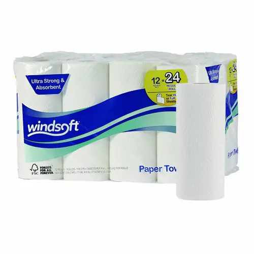Windsoft® Premium Kitchen Roll Towels, 2-Ply, White, 110 Sheets/Roll, 12 Rolls/Carton