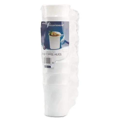 WNA Classicware Plastic Coffee Mugs, 8 oz, White, 8/Pack, 24 Packs/Carton