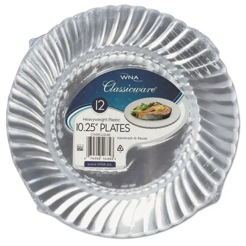 WNA Classicware Plastic Dinnerware Plates, 10.25" dia, Clear, 12/Pack