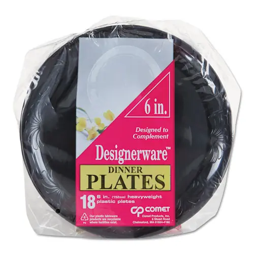 WNA Designerware Plastic Plates, 6" dia, Black, 10/Pack, 18 Packs/Carton