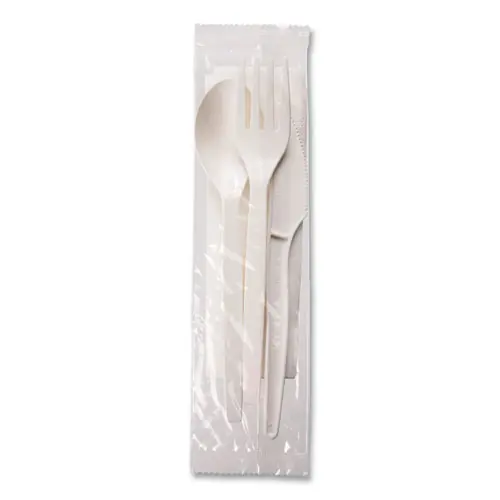 WNA EcoSense Renewable PSM Wrapped Cutlery Kit, Fork/Knife/Napkin/Spoon, Plastic, White, 250/Carton