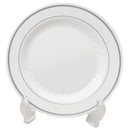 WNA Masterpiece Plastic Dinnerware Plate, 7.5" Diameter, White/Silver, 10 Plates per Pack, 15 Packs per Carton (Non-Stock Item - Extended Delivery Time)