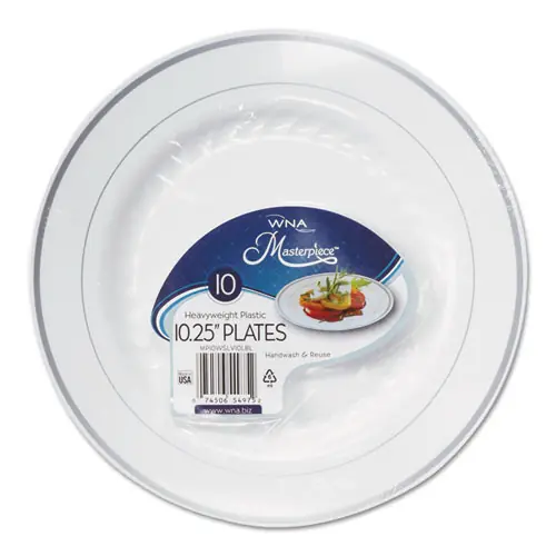 WNA Masterpiece Plastic Plates, 10.25" dia, White/Silver, 10/Pack, 12 Packs/Carton