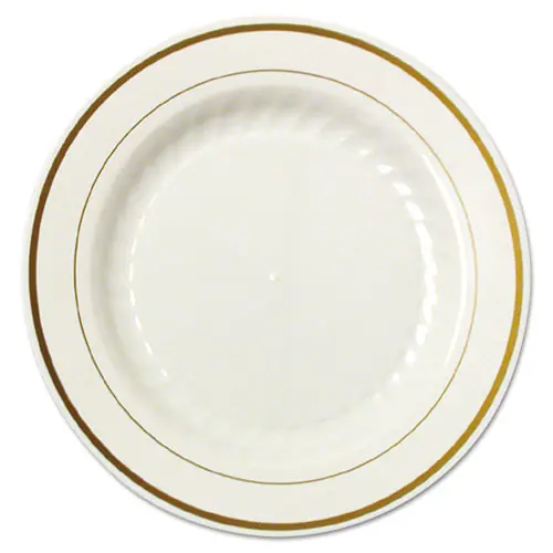 WNA Masterpiece Plastic Plates, 6" dia, Ivory/Gold, 10/Pack, 15 Packs/Carton