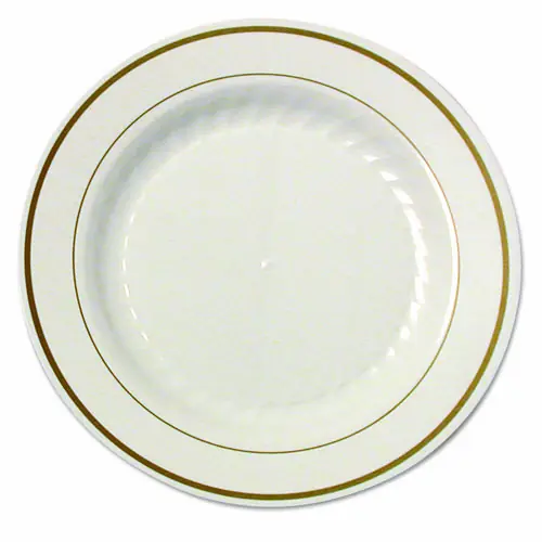 WNA Masterpiece Plastic Plates, 7.5" dia, Ivory/Gold, 10/Pack, 15 Packs/Carton
