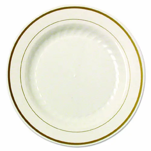 WNA Masterpiece Plastic Plates, 9" dia, Ivory/Gold, 10/Pack, 12 Packs/Carton