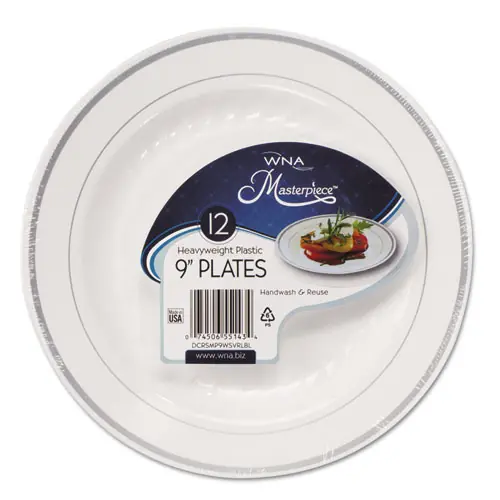 WNA Masterpiece Plastic Plates, 9" dia, White/Silver, 10/Pack, 12 Packs/Carton