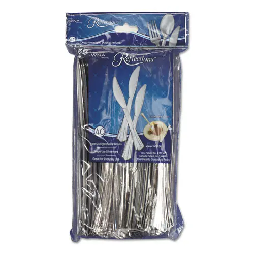 WNA Reflections Heavyweight Plastic Utensils, Knife, Silver, 40/Pack