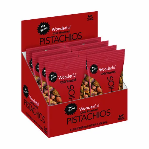 Wonderful® No Shells, Chili Roasted Pistachios, 2.25 oz, 8 Packets/Box, 3 Boxes/Carton