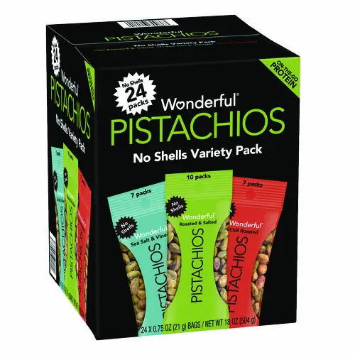 Wonderful® No Shells Roasted and Salted Pistachios Variety Pack, Assorted Flavors, 0.75 oz Bag, 24/Carton