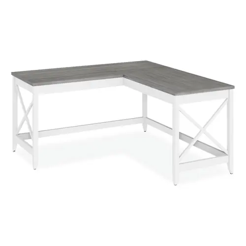 Workspace by Alera® L-Shaped Farmhouse Desk, Gray/White, 58.27"W x 58.27"D x 29.53"H
