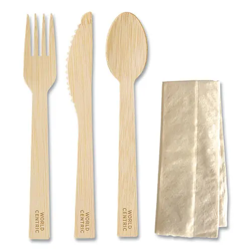 World Centric® Bamboo Cutlery, Fork/Knife/Napkin/Spoon, Natural, 250/Carton
