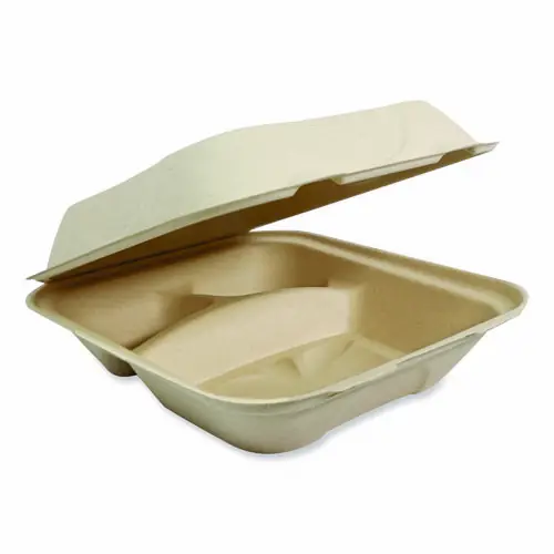 World Centric® Fiber Hinged Containers, 3 Compartments, Natural, Paper, 300/Carton