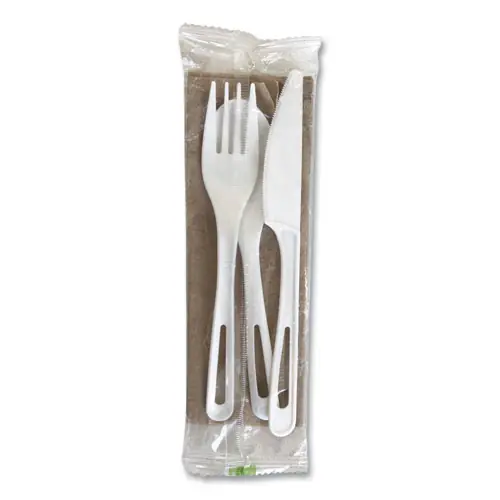 World Centric® TPLA Compostable Cutlery, Fork/Knife/Napkin/Spoon, White, 250/Carton