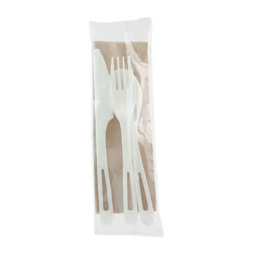 World Centric® TPLA Compostable Cutlery Kit, Fork/Knife/Napkin/Spoon, Plastic, White, 250/Carton