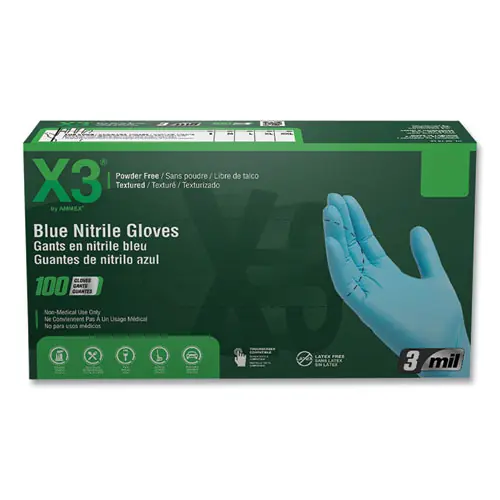 X3® by AMMEX® Industrial Nitrile Gloves, Powder-Free, 3 mil, Large, Blue - 100 Gloves/Box, 10 Boxes/Carton