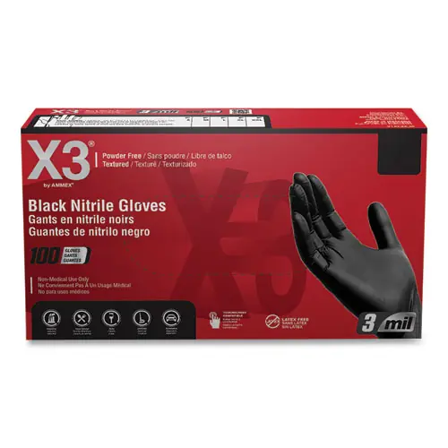 X3® by AMMEX® Industrial Nitrile Gloves, Powder-Free, Black, Small, 3 mil, 100/Box, 10 Boxes/Carton