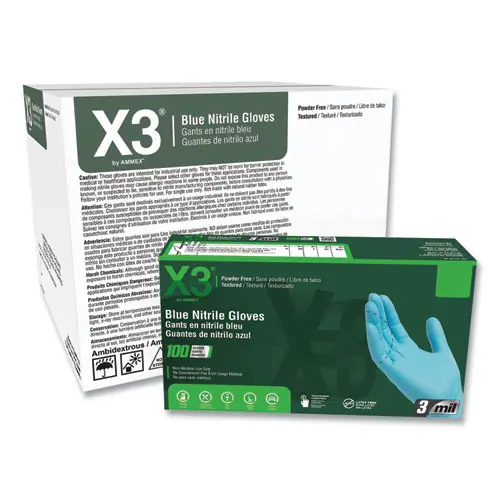 X3® by AMMEX® Industrial Nitrile Gloves, Powder-Free, Medium-Weight, X-Large, Blue, 100/Box, 10 Boxes/Carton