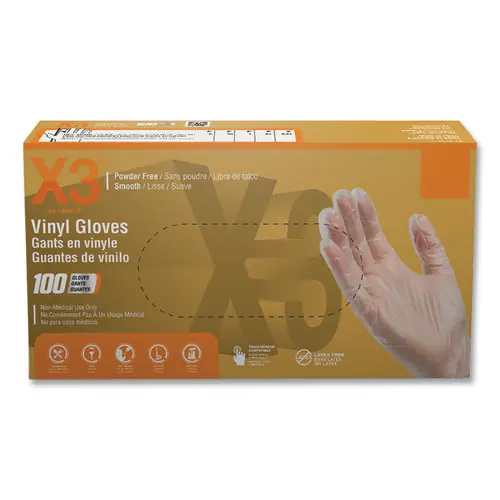 X3® by AMMEX® Industrial Vinyl Gloves, Powder-Free, Clear, X-Large, 100/Box, 10 Boxes/Carton