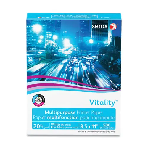 xerox™ Vitality Multipurpose Print Paper, 92 Bright, 20 lb Bond, 8.5 x 11, White, 500 Sheets/Ream