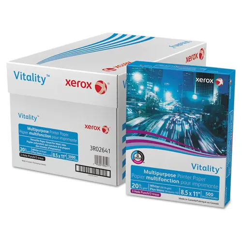 xerox™ Vitality Multipurpose Print Paper, 92 Bright, 3-Hole, 20 lb, 8.5 x 11, 500 Sheets per Ream, 10 Reams per Carton
