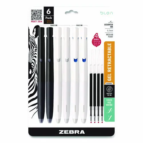 Zebra® bLen Gel Pen, Medium Point, 0.7 mm, Black & Blue Ink, White & Black Barrel, 6/Pack