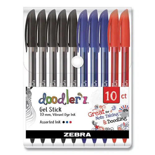 Zebra® Doodler'z Gel Pen, Stick, Bold Point, 1 mm, Assorted Ink Colors, 10/Pack