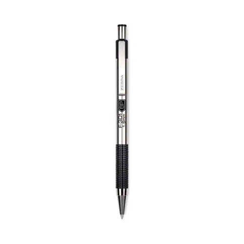 Zebra® F-301 Ballpoint Pen, Retractable, Bold 1.6 mm, Black Ink, Stainless Steel/Black Barrel, 12/Pack