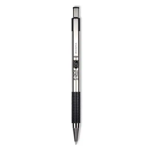 Zebra® F-301 Ballpoint Pen, Retractable, Black Ink, 1.6 mm Bold, Stainless Steel/Black Barrel, 2/Pack