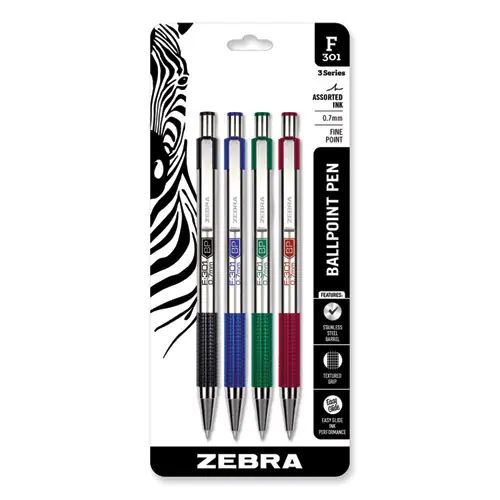 Zebra® F-301 Ballpoint Pen, Retractable, Fine 0.7 mm, Assorted Ink and Barrel Colors, 4/Pack