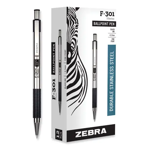 Zebra® F-301 Ballpoint Pen, Retractable, Fine 0.7 mm, Black Ink, Stainless Steel/Black Barrel