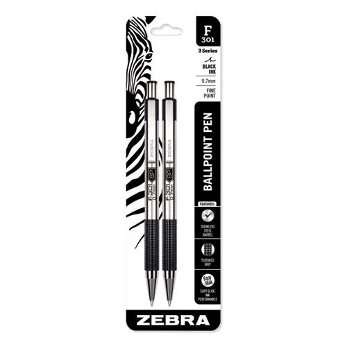 Zebra® F-301 Ballpoint Pen, Retractable, Fine Point, 0.7 mm, Black Ink, Stainless Steel/Black Barrel, 2/Pack