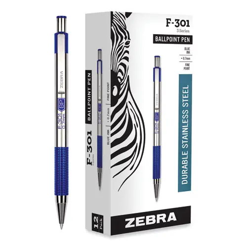 Zebra® F-301 Ballpoint Pen, Retractable, Fine 0.7 mm, Blue Ink, Stainless Steel/Blue Barrel