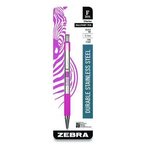 Zebra® F-301 Breast Cancer Awareness Ballpoint Pen, Retractable, Fine Point, 0.7 mm, Black Ink, Stainless Steel/Pink Barrel