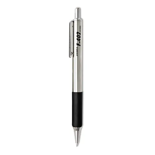 Zebra® F-402 Retractable Ballpoint Pen, Fine Point, 0.7 mm, Black Ink, Stainless Steel & Black Barrel, 2-Pack