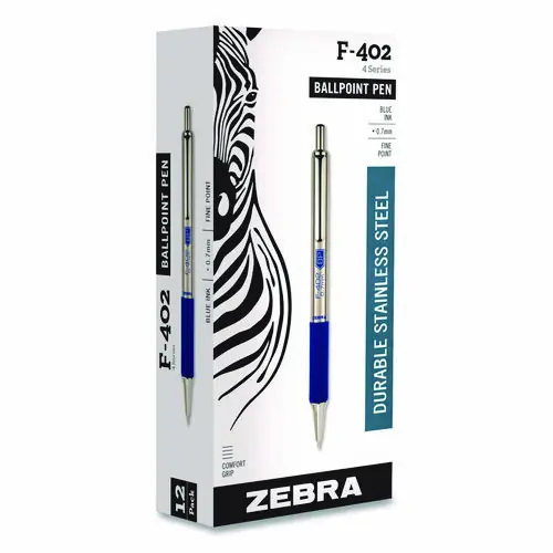 Zebra® F-402 Ballpoint Pen, Retractable, Fine 0.7 mm, Blue Ink, Stainless Steel/Blue Barrel